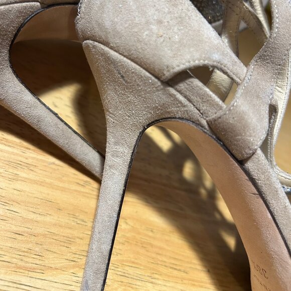 Authentic Jimmy Choo Taupe Bedazzled Suede Ankle Strap Zip Heels 38.5 US/8.5 - Picture 9 of 16
